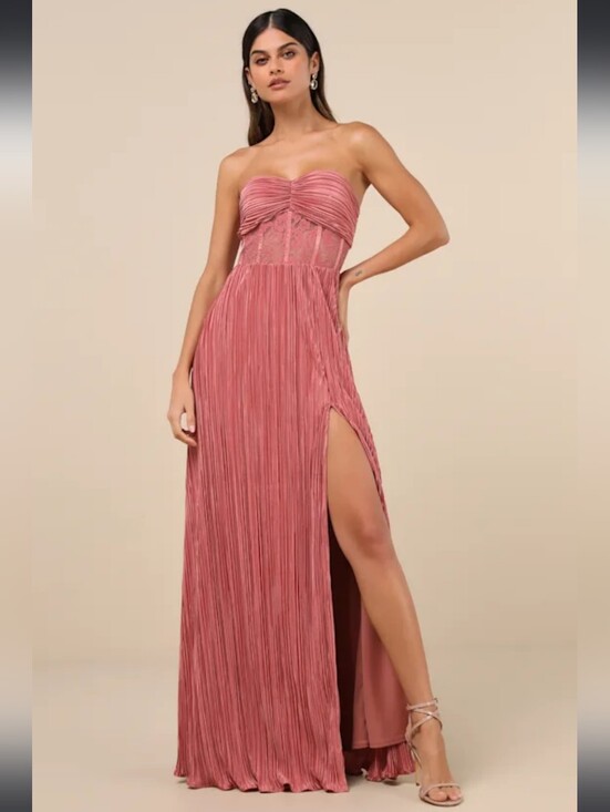 Lulus Dresses & Skirts - NWT Lulus Desme Rose Pink Satin Plisse Strapless Maxi Dress